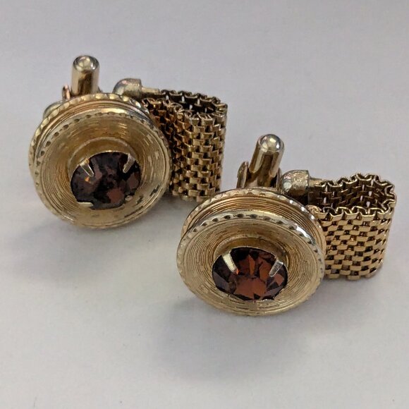 Vintage Gold Tone Brown Faceted Rhinestone Prong Set Cuff Links - Picture 1 of 6